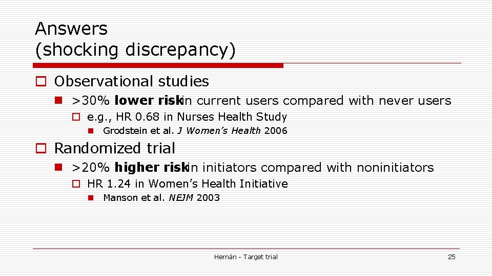 Answers (shocking discrepancy) o Observational studies n >30% lower riskin current users compared with
