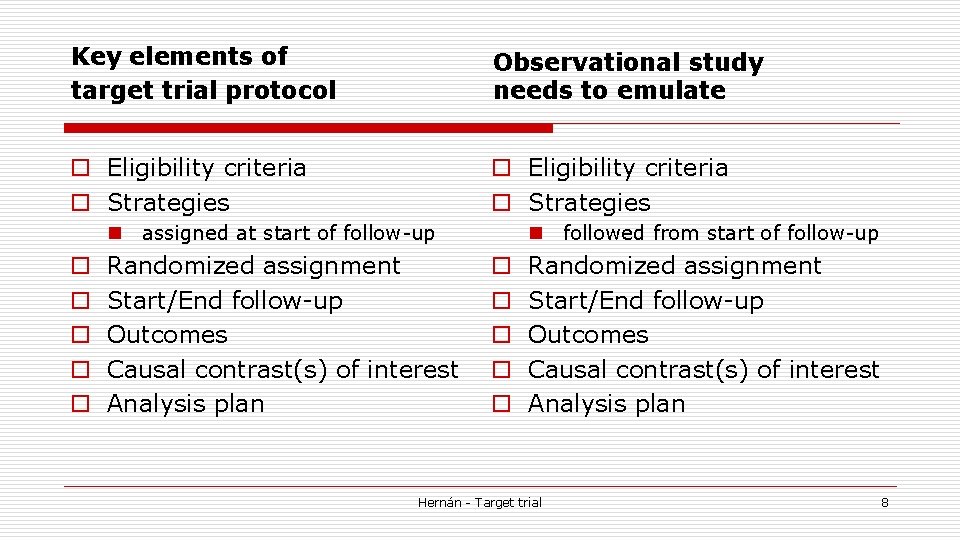 Key elements of target trial protocol Observational study needs to emulate o Eligibility criteria