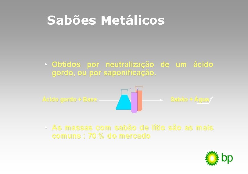 Sabões Metálicos • Obtidos por neutralização de um ácido gordo, ou por saponificação. Ácido