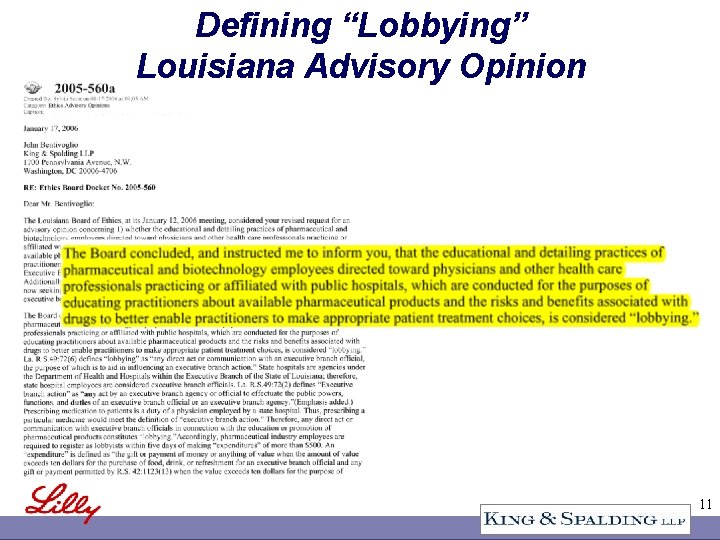 Defining “Lobbying” Louisiana Advisory Opinion 11 
