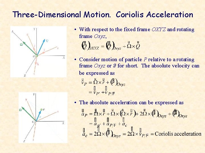 Three-Dimensional Motion. Coriolis Acceleration • With respect to the fixed frame OXYZ and rotating