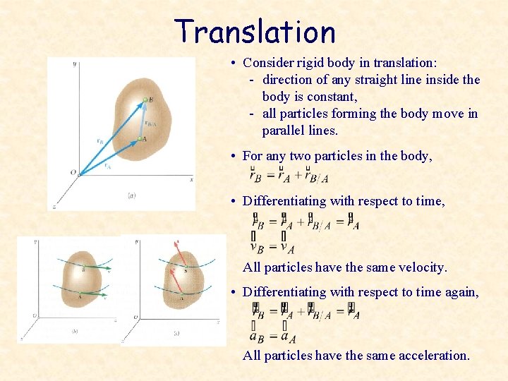 Translation • Consider rigid body in translation: - direction of any straight line inside