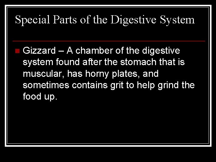 Special Parts of the Digestive System n Gizzard – A chamber of the digestive