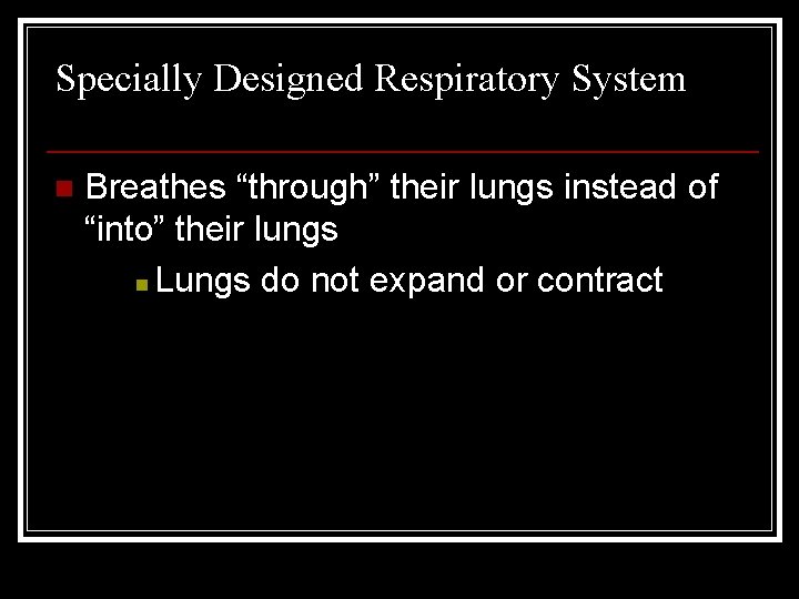 Specially Designed Respiratory System n Breathes “through” their lungs instead of “into” their lungs