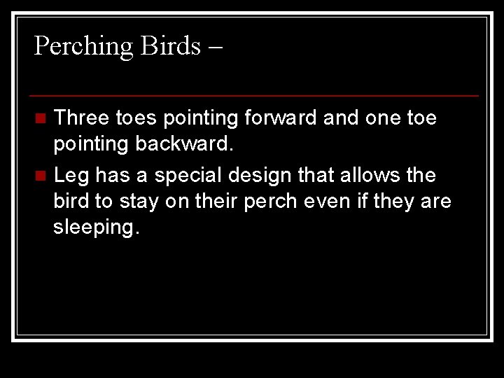 Perching Birds – Three toes pointing forward and one toe pointing backward. n Leg