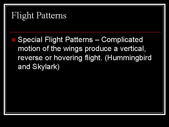 Flight Patterns n Special Flight Patterns – Complicated motion of the wings produce a
