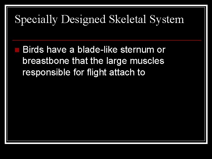 Specially Designed Skeletal System n Birds have a blade-like sternum or breastbone that the