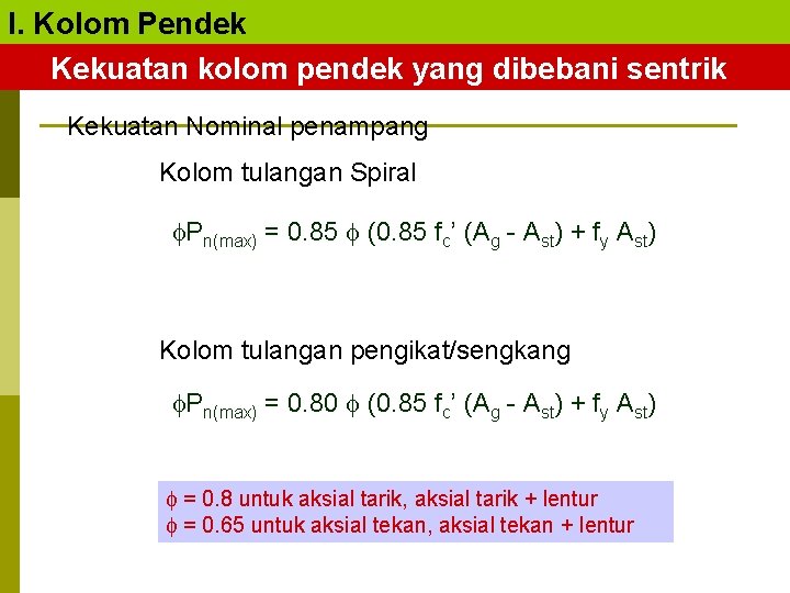 I. Kolom Pendek Kekuatan kolom pendek yang dibebani sentrik Kekuatan Nominal penampang Kolom tulangan