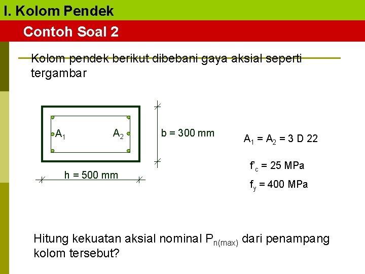 I. Kolom Pendek Contoh Soal 2 Kolom pendek berikut dibebani gaya aksial seperti tergambar