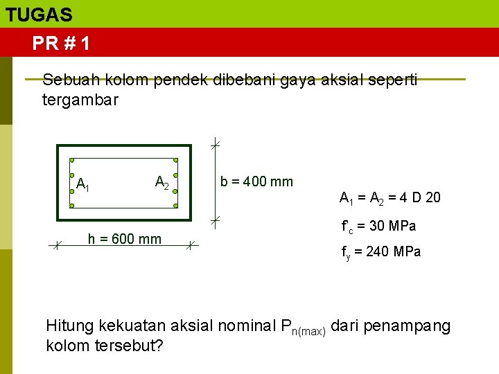 TUGAS PR # 1 Sebuah kolom pendek dibebani gaya aksial seperti tergambar A 1