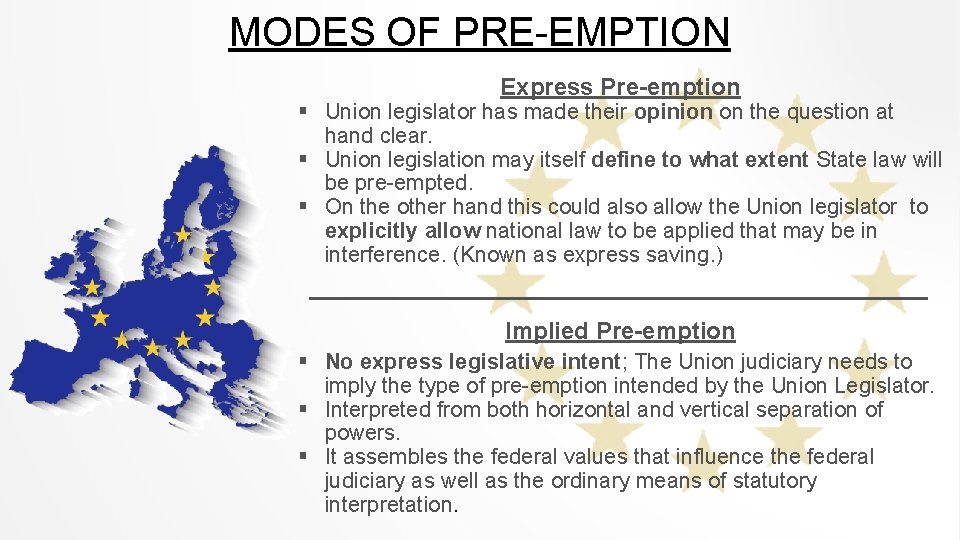 MODES OF PRE-EMPTION Express Pre-emption § Union legislator has made their opinion on the