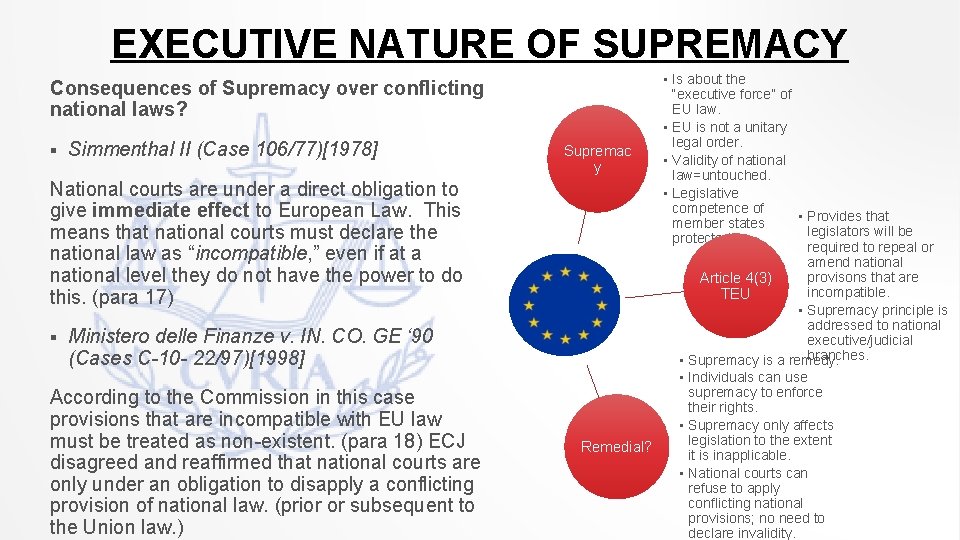 EXECUTIVE NATURE OF SUPREMACY Consequences of Supremacy over conflicting national laws? § Simmenthal II