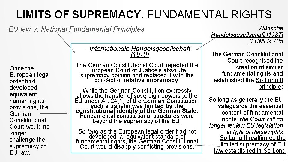 LIMITS OF SUPREMACY: FUNDAMENTAL RIGHTS EU law v. National Fundamental Principles • Once the