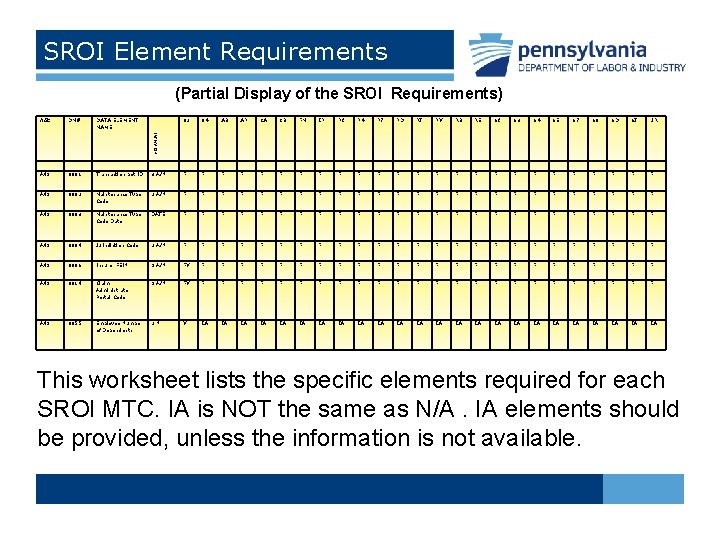 SROI Element Requirements (Partial Display of the SROI Requirements) DN# DATA ELEMENT NAME 02