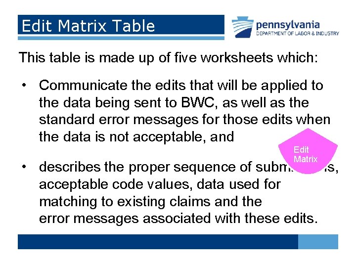 Edit Matrix Table This table is made up of five worksheets which: • Communicate