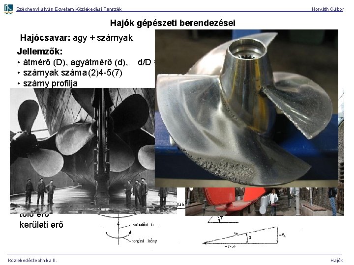 Széchenyi István Egyetem Közlekedési Tanszék Horváth Gábor Hajók gépészeti berendezései Hajócsavar: agy + szárnyak