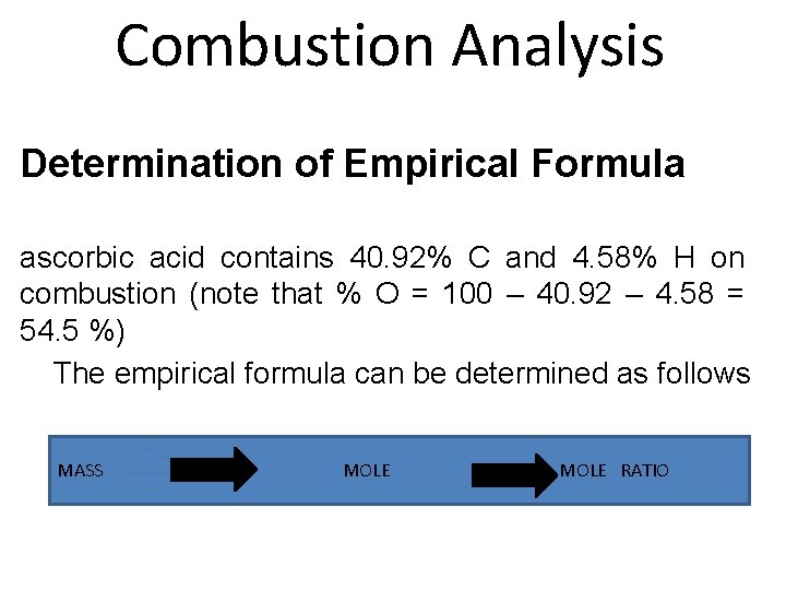 Combustion Analysis Determination of Empirical Formula ascorbic acid contains 40. 92% C and 4.