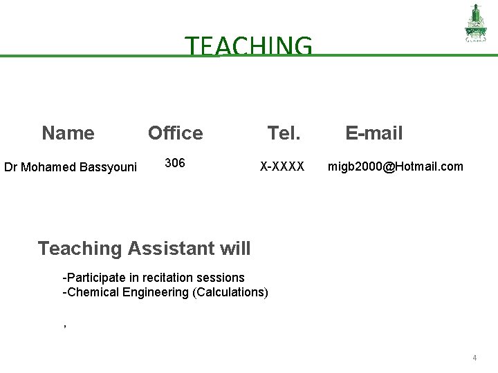TEACHING Name Office Tel. Dr Mohamed Bassyouni 306 X-XXXX E-mail migb 2000@Hotmail. com Teaching
