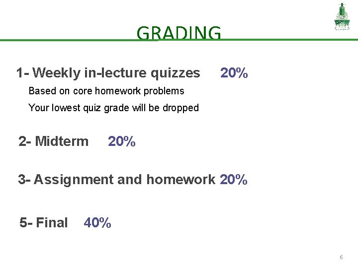 GRADING 1 - Weekly in-lecture quizzes 20% Based on core homework problems Your lowest