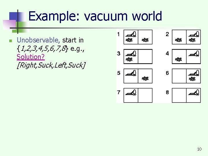 Example: vacuum world n Unobservable, start in {1, 2, 3, 4, 5, 6, 7,