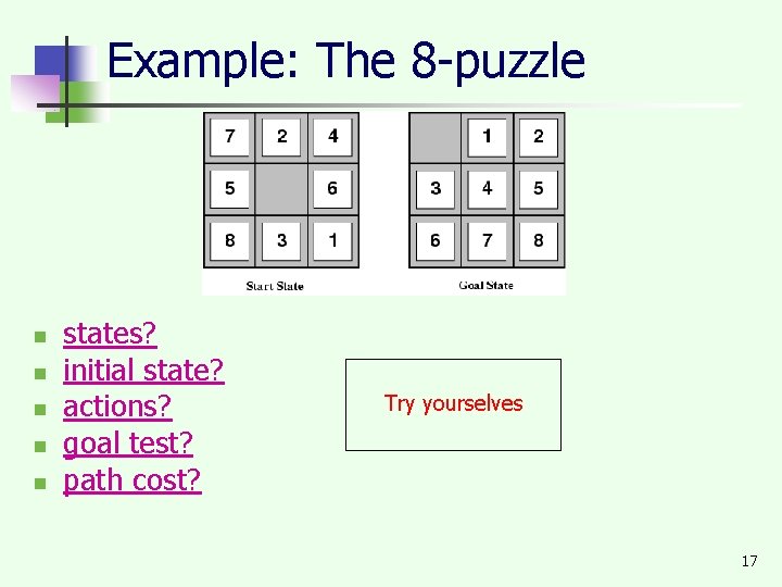 Example: The 8 -puzzle n n n states? initial state? actions? goal test? path