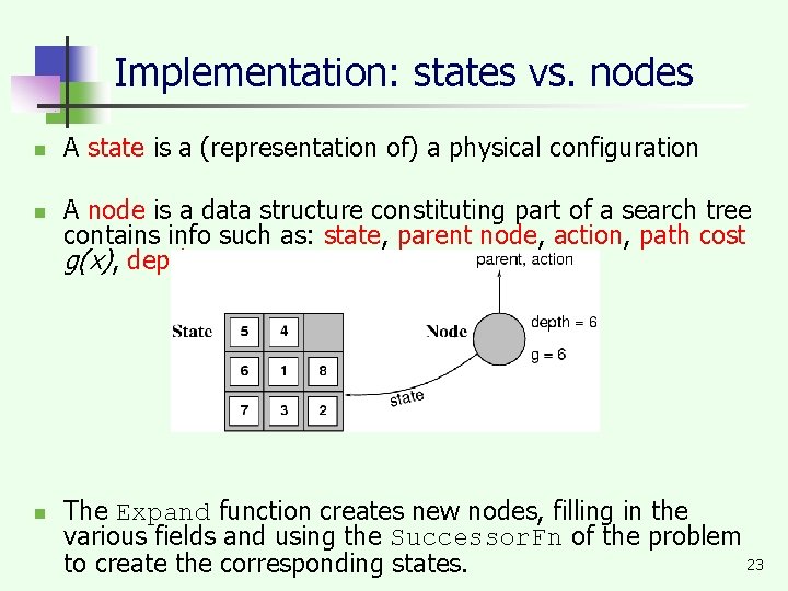 Implementation: states vs. nodes n n n A state is a (representation of) a