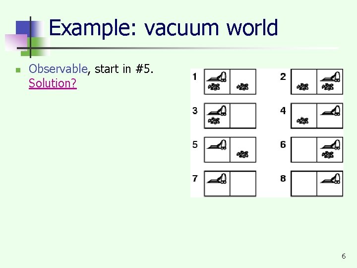 Example: vacuum world n Observable, start in #5. Solution? 6 