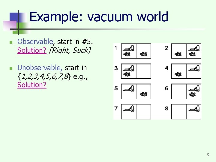 Example: vacuum world n n Observable, start in #5. Solution? [Right, Suck] Unobservable, start