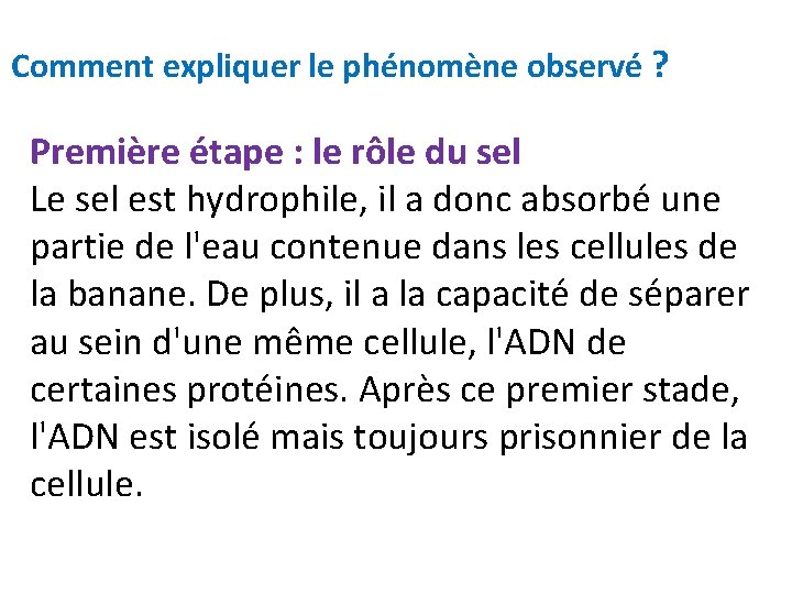 Comment expliquer le phénomène observé ? Première étape : le rôle du sel Le
