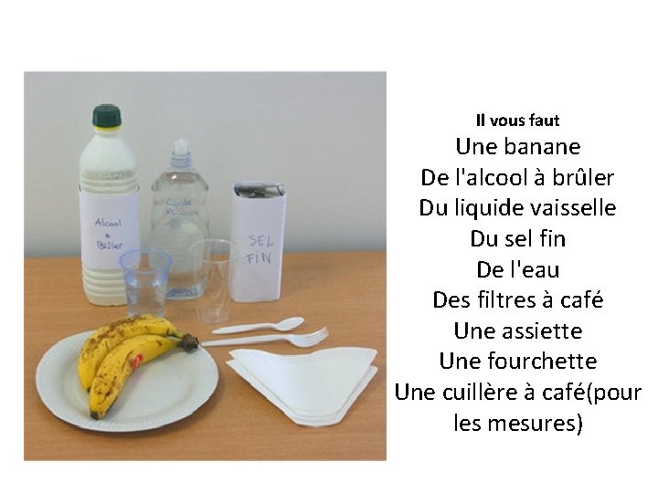 Il vous faut Une banane De l'alcool à brûler Du liquide vaisselle Du sel