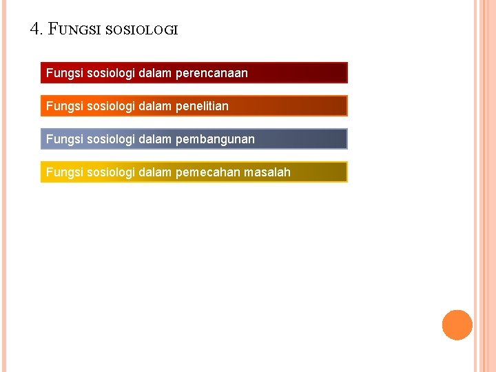 4. FUNGSI SOSIOLOGI Fungsi sosiologi dalam perencanaan Fungsi sosiologi dalam penelitian Fungsi sosiologi dalam