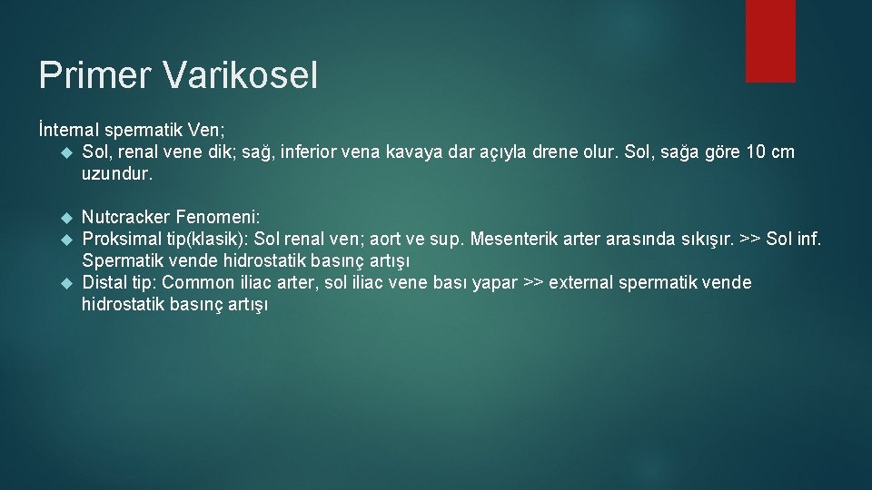 Primer Varikosel İnternal spermatik Ven; Sol, renal vene dik; sağ, inferior vena kavaya dar Primer Varikosel İnternal spermatik Ven; Sol, renal vene dik; sağ, inferior vena kavaya dar