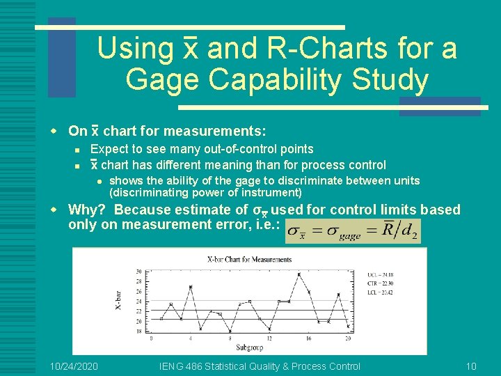 Using x and R-Charts for a Gage Capability Study w On x chart for