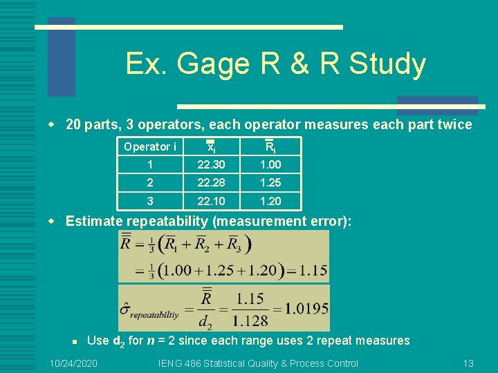 Ex. Gage R & R Study w 20 parts, 3 operators, each operator measures