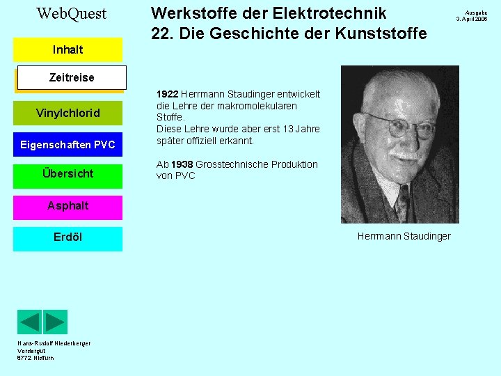 Web. Quest Werkstoffe der Elektrotechnik 22. Die Geschichte der Kunststoffe Inhalt Zeitreise Eigenschaften PVC