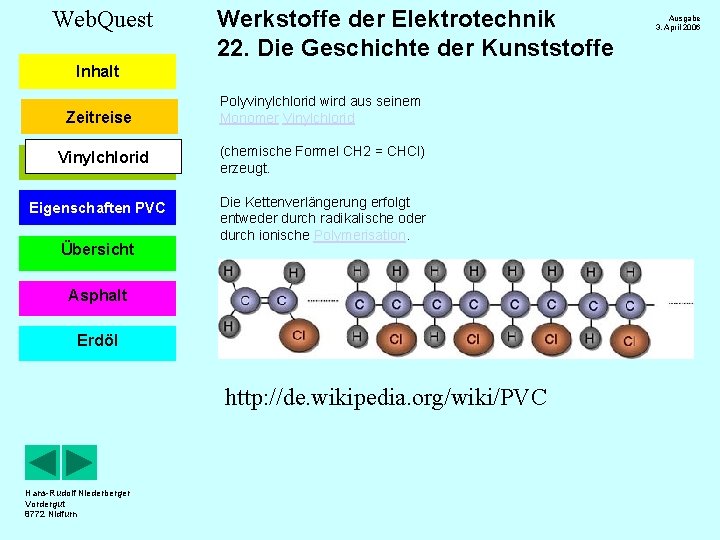 Web. Quest Werkstoffe der Elektrotechnik 22. Die Geschichte der Kunststoffe Inhalt Zeitreise Polyvinylchlorid wird