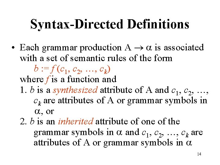 Syntax-Directed Definitions • Each grammar production A is associated with a set of semantic