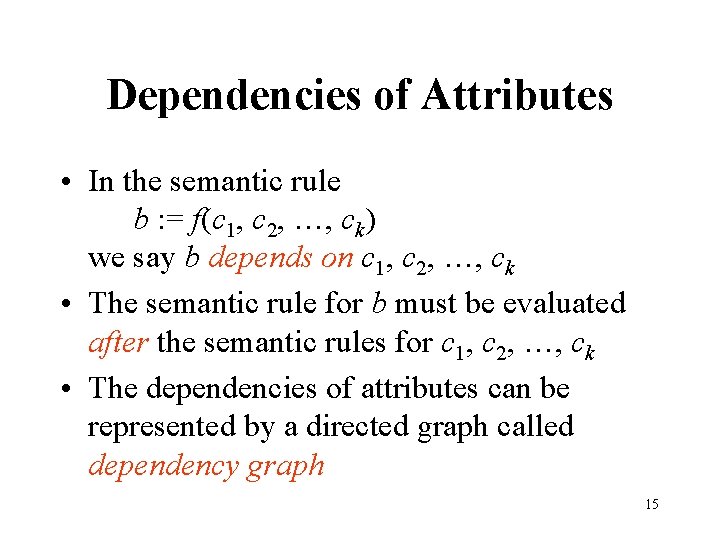 Dependencies of Attributes • In the semantic rule b : = f(c 1, c