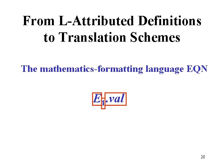 From L-Attributed Definitions to Translation Schemes The mathematics-formatting language EQN E 1. val 28