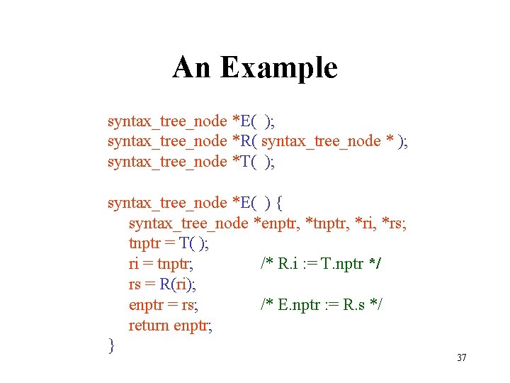 An Example syntax_tree_node *E( ); syntax_tree_node *R( syntax_tree_node * ); syntax_tree_node *T( ); syntax_tree_node