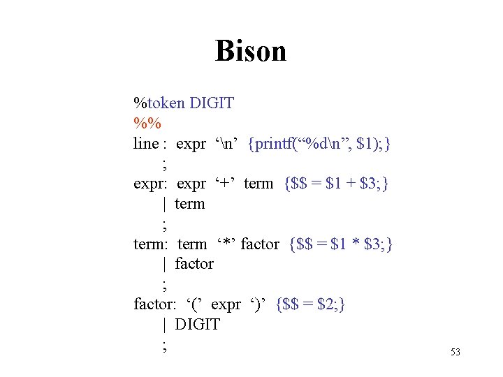 Bison %token DIGIT %% line : expr ‘n’ {printf(“%dn”, $1); } ; expr: expr