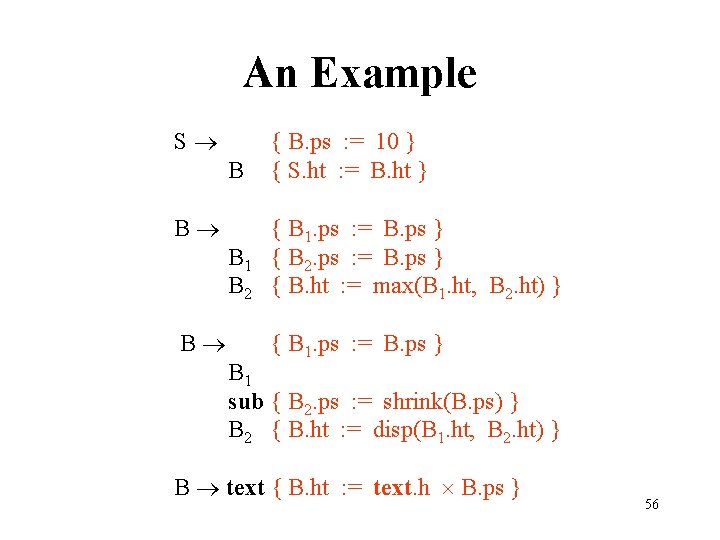 An Example S B { B. ps : = 10 } { S. ht