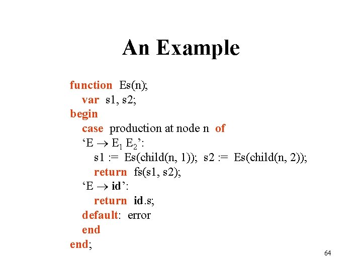 An Example function Es(n); var s 1, s 2; begin case production at node