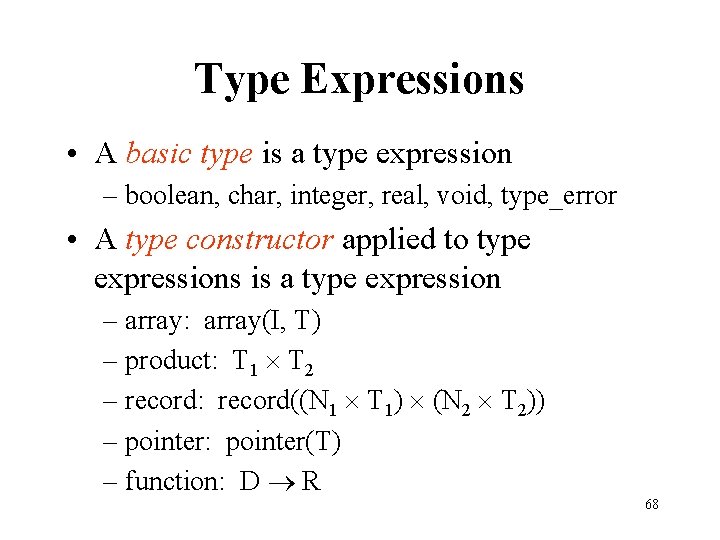 Type Expressions • A basic type is a type expression – boolean, char, integer,