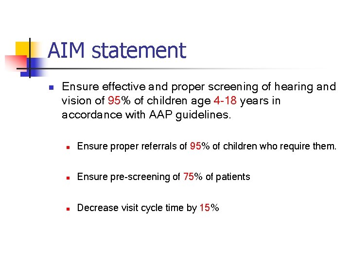 AIM statement n Ensure effective and proper screening of hearing and vision of 95%