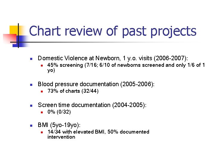 Chart review of past projects n Domestic Violence at Newborn, 1 y. o. visits