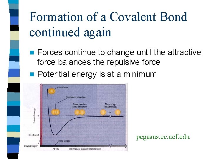 Formation of a Covalent Bond continued again Forces continue to change until the attractive