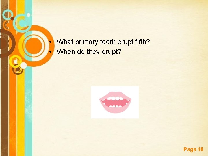  • What primary teeth erupt fifth? • When do they erupt? Free Powerpoint