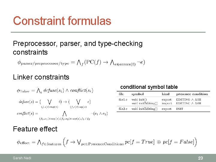 Constraint formulas Preprocessor, parser, and type-checking constraints Linker constraints conditional symbol table Feature effect