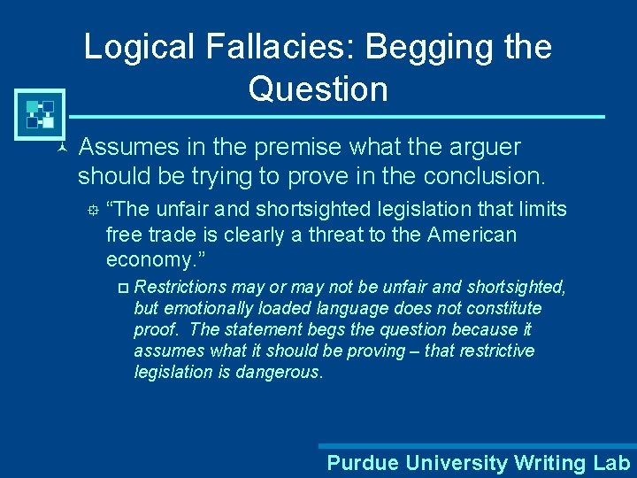 Logical Fallacies: Begging the Question © Assumes in the premise what the arguer should